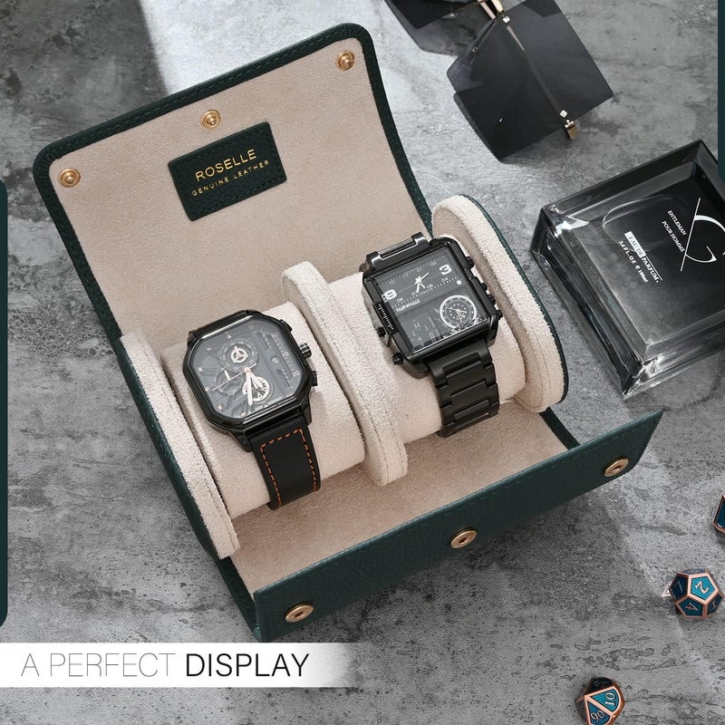 ROSELLE Genuine Leather Watch Roll Travel Case - Watch Roll Case For 2 Watches With Luxury Lining - Protect, Travel,Store, Display Fine Watches (2 slot Green-Genuine Leather) - Image 3